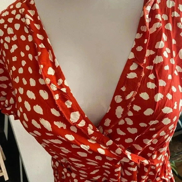 🆕Boho Trendy Orange & White Abstrac Dot Surplice Dress M🆕 - Picture 7 of 11